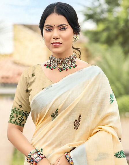 Sangam Prints Beige Linen Woven Work Traditional Saree