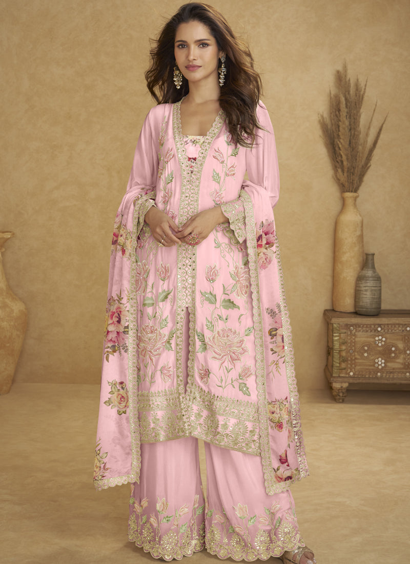 Vegaa Fashion Light Pink Floral Slit Style Designer Kurta Palazzo Suit