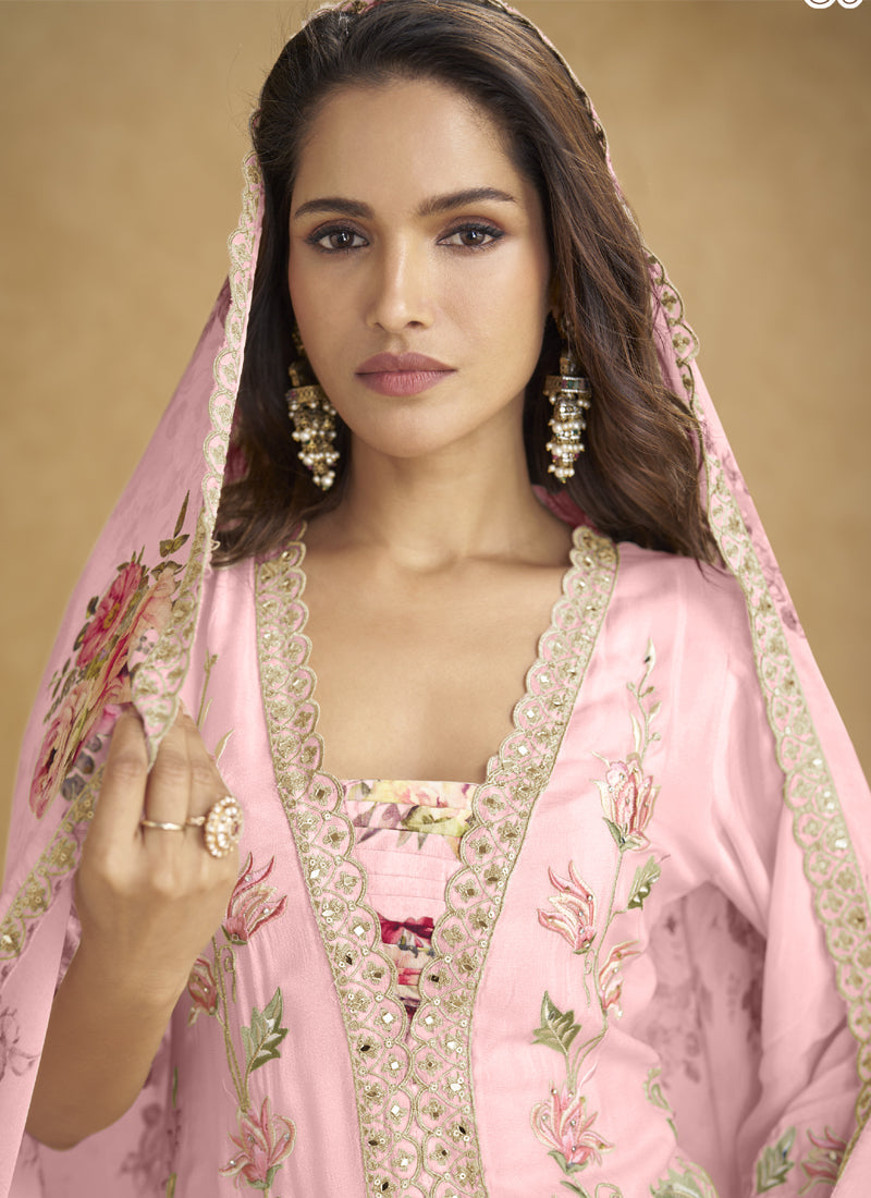 Vegaa Fashion Light Pink Floral Slit Style Designer Kurta Palazzo Suit