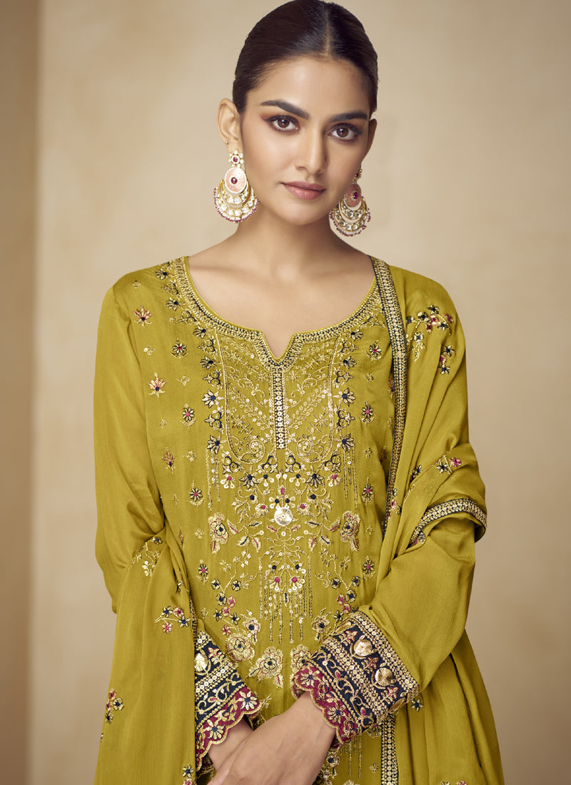 Vegaa Fashion Mustard Embroidered And Hand Work Kurta Palazzo Suit