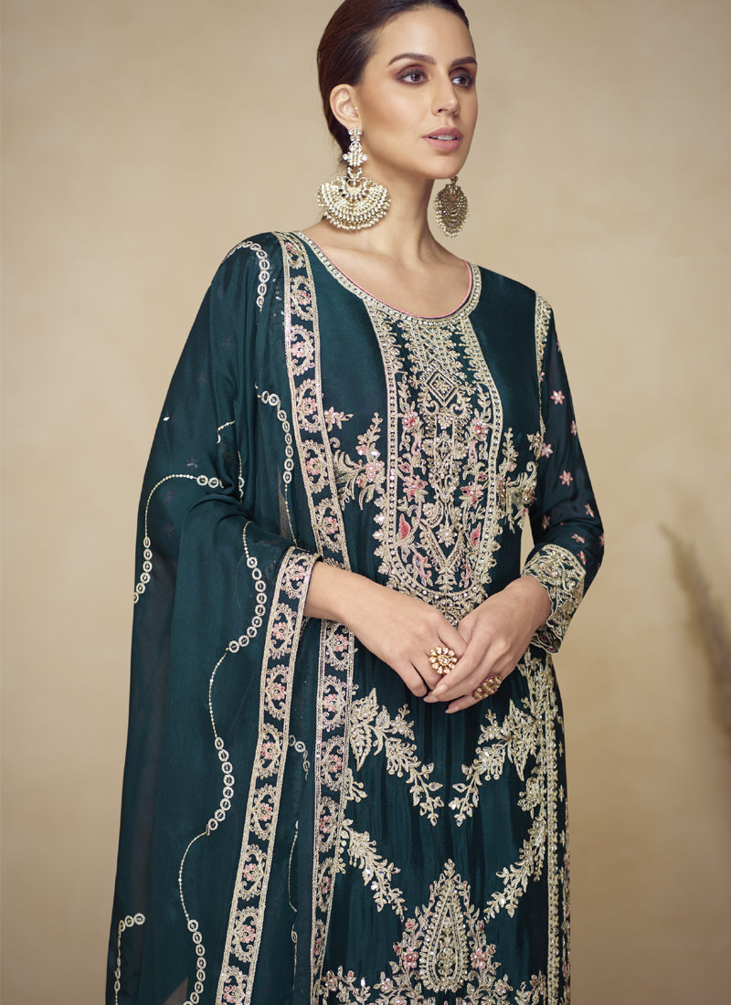 Vegaa Fashion Aqua Blue Embroidered And Hand Work Kurta Palazzo Suit