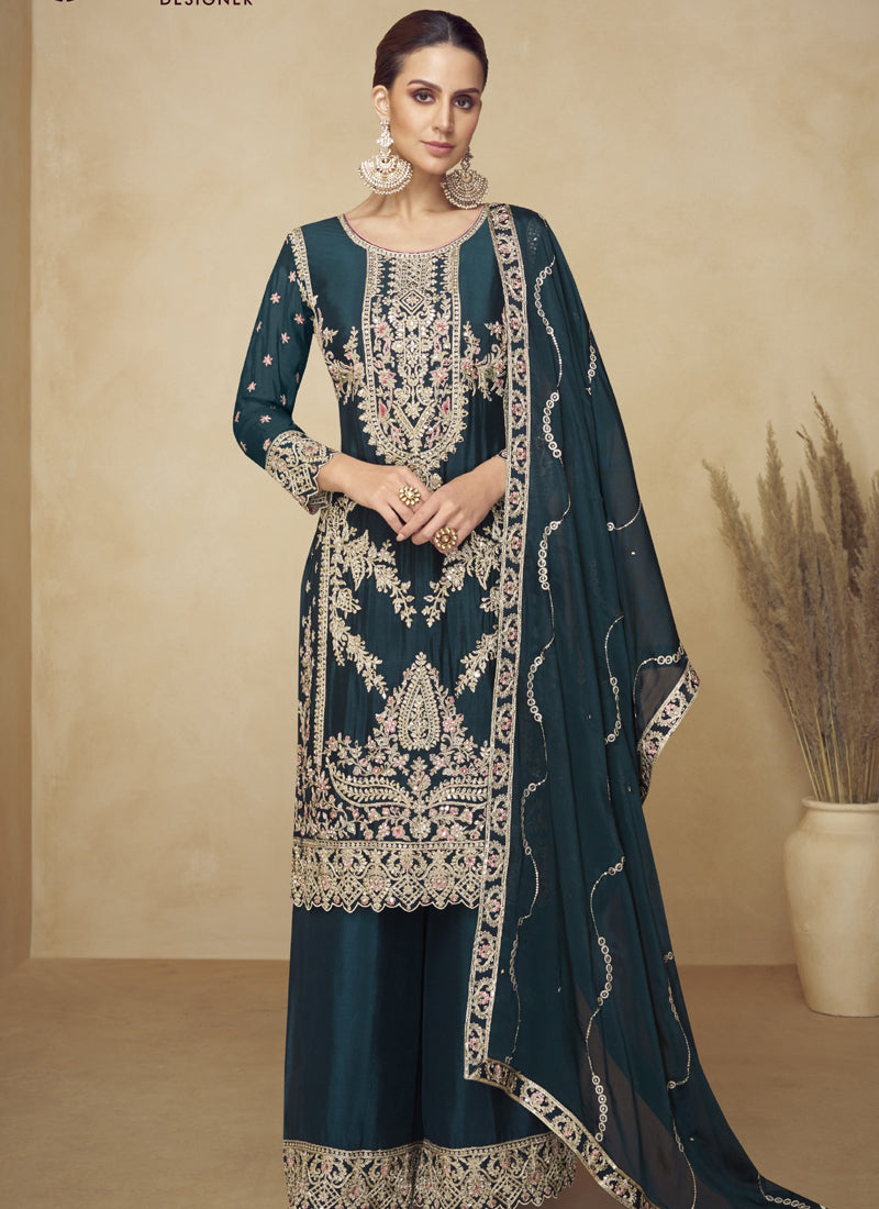 Vegaa Fashion Aqua Blue Embroidered And Hand Work Kurta Palazzo Suit