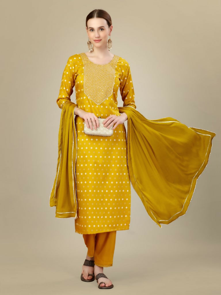 Jyoti Fashion Women's Golden Silk Blend Embroidery & Sequence work Kurta with Trouser & Dupatta