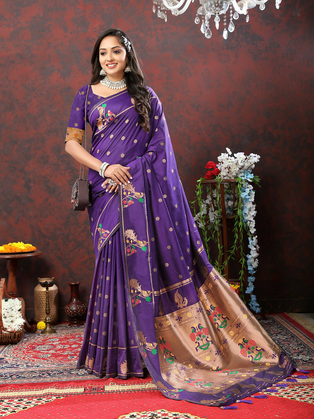 Lorenvalley Fashion Purple Soft Paithani Silk Woven Design Copper Zari Meenakari Weaving Saree