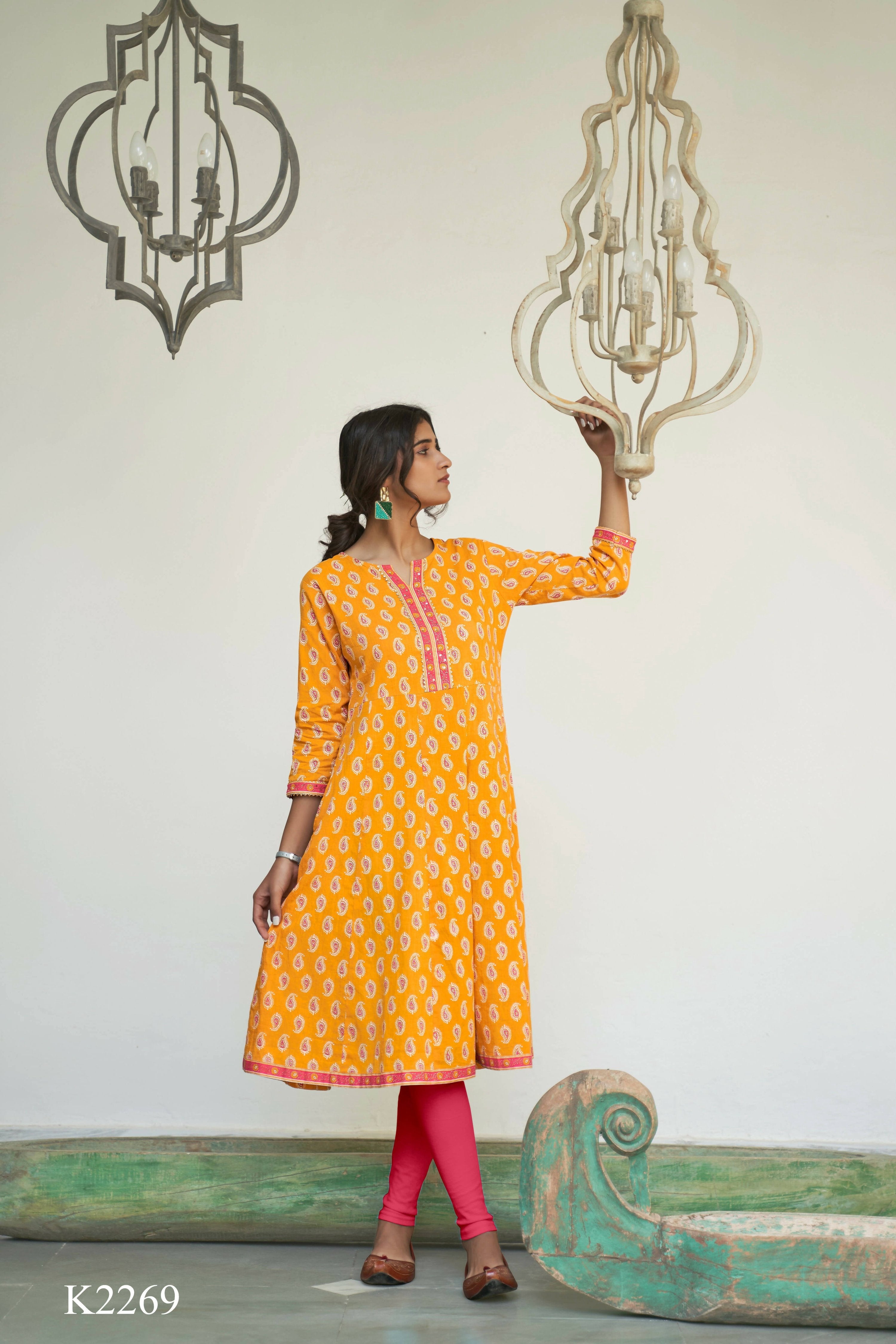 Mustard Cotton Paisley Printed A line Kurta - Prasuti