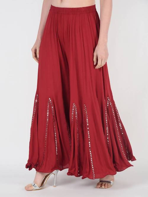 Mominos Fashion Maroon Viscose Rayon Flared Palazzo with Mirror Lace Work