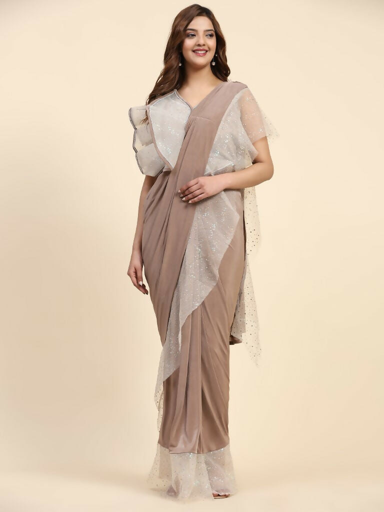 Light Brown Lycra Solid Ready to Wear Saree with stitched Blouse - Nita