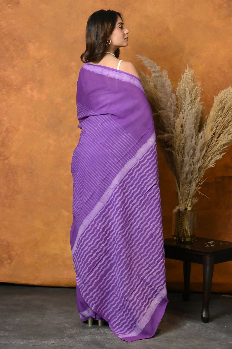 Very Much Indian Pure Cotton Handblock Printed Saree With Natural Dyes - Purple