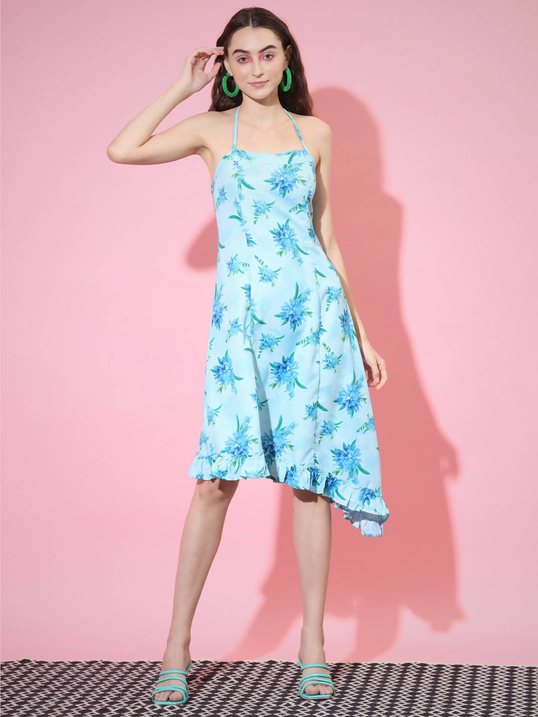 Myshka Women's Blue Floral Printed Fit and Flare Dress