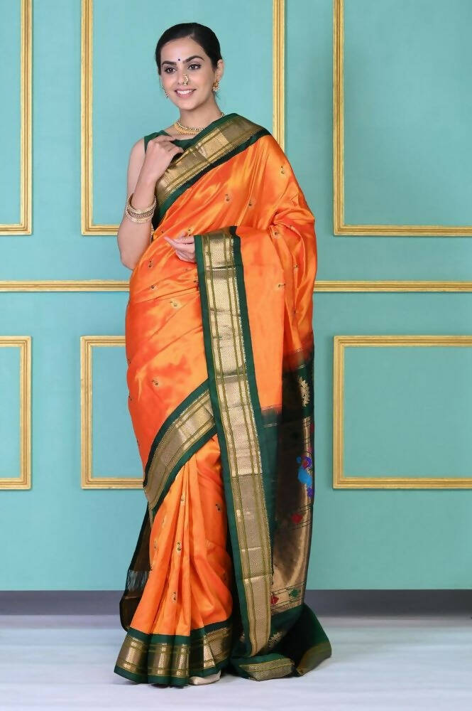 Very Much Indian Authentic Pure Silk Handloom Orange Maharani Paithani