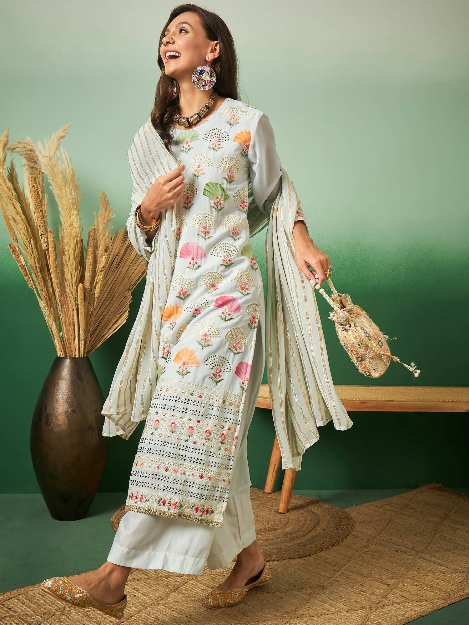 Light Blue Georgette Handwork Unstitched Dress Material - Hanika