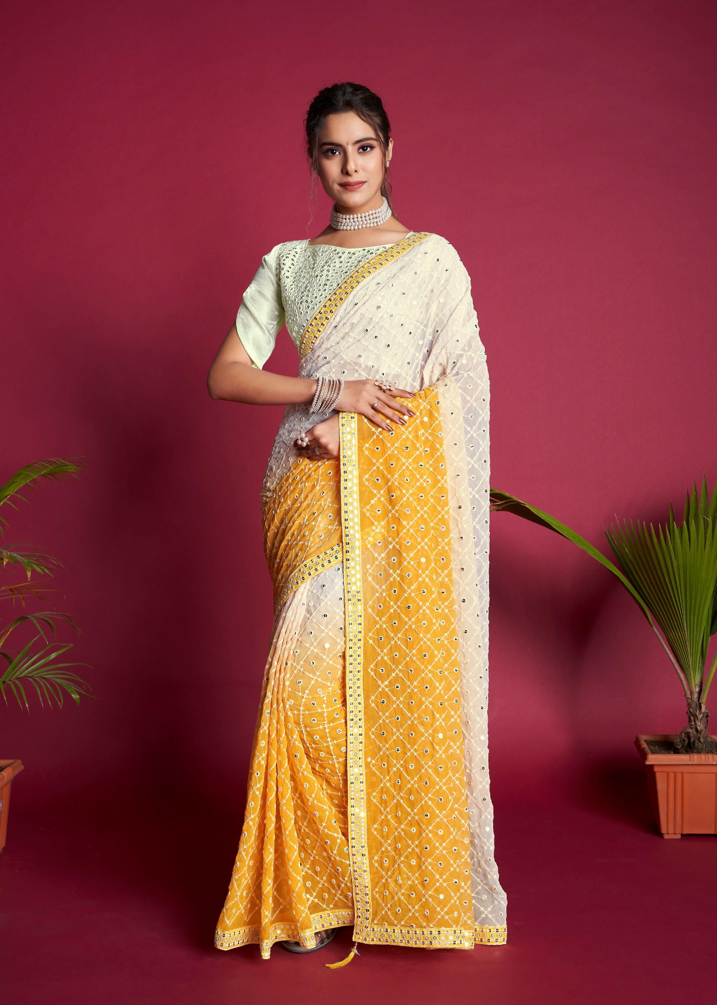 Vamsee Yellow Sequence 1 Yellow & White Georgette Saree