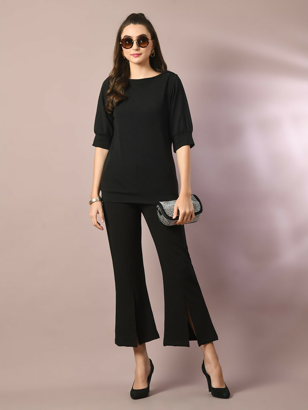 Myshka Women's Black Solid Boat Neck Party Top With Trousers Co-ord set