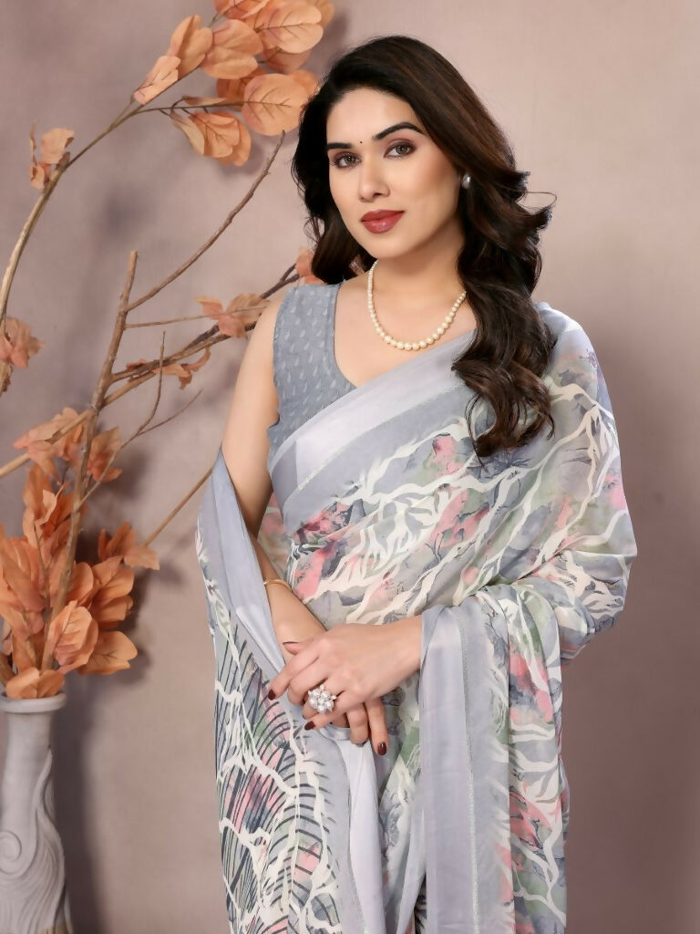 Designer Partywear Greay Bright Moss Satin Patta Fancy Saree - Kanak