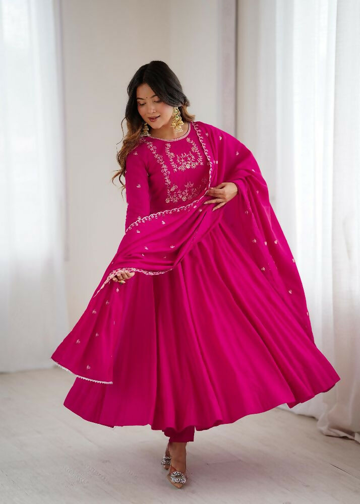 Joban Fashion Dark Pink Kurta Set Chanderi Sequence Embroidery Work