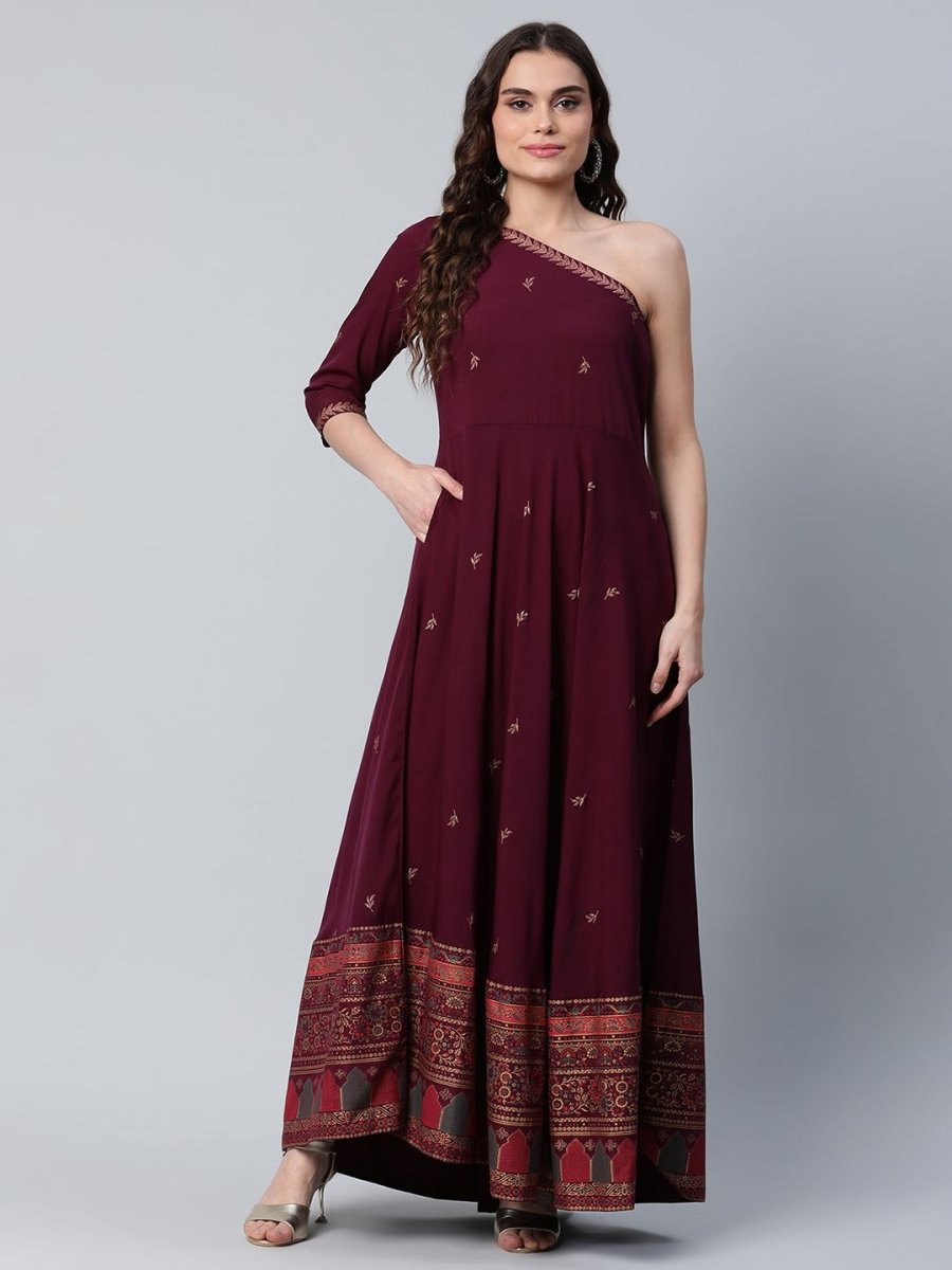 Ahalyaa Women Burgundy & Gold-Toned Ethnic Motifs One Shoulder Ethnic Maxi Dress