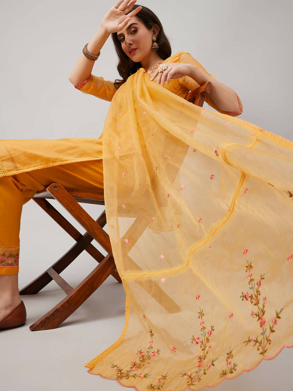 Yellow Organza Embroidered Kurta with Bottom & Dupatta - Salimar