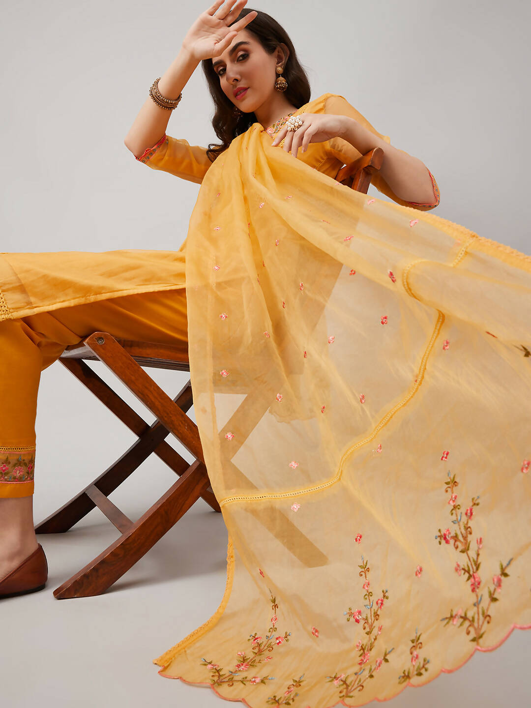 Yellow Organza Embroidered Kurta with Bottom & Dupatta - Salimar