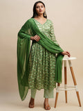 Green Pure Cotton Floral Printed Naira Cut Kurta And Bottom With Dupatta - Akashara