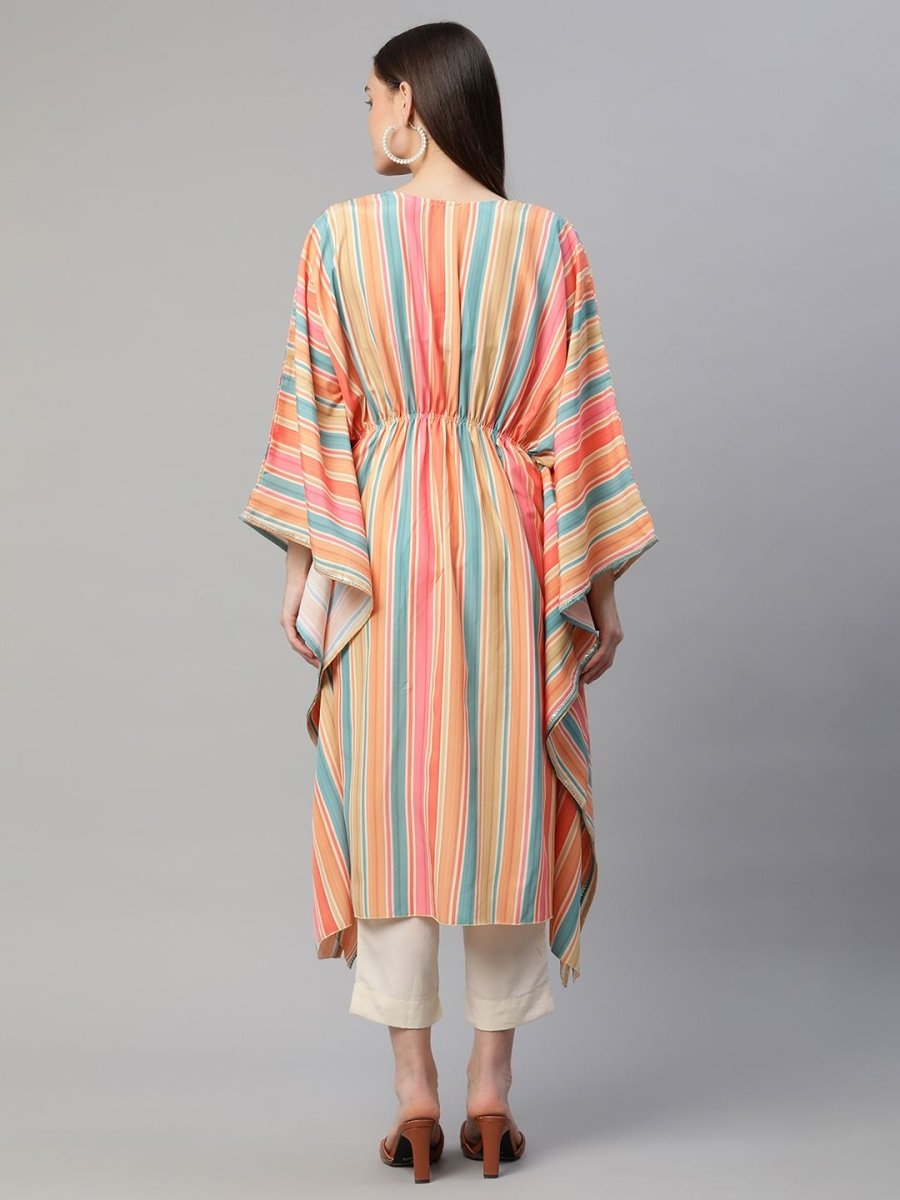 Ahalyaa Women Multi Color Crepe Striped Printed Kaftan Kurta With Trousers