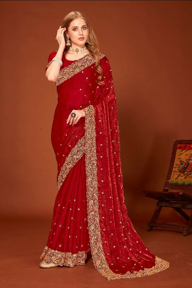 PR Fashion Maroon Fendi Two Tone Silk Heavy Zari Embroidery Work With Heavy Siroski Work Saree