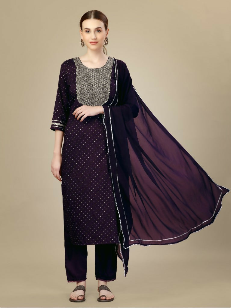 Jyoti Fashion Women's Purple Silk Blend Embroidery & Sequence work Kurta with Trouser & Dupatta