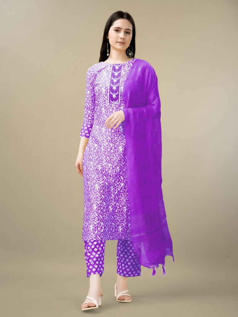 Jyoti Fashion Women's Purple Rayon Embroidery & Sequence work Kurta with Trouser & Dupatta