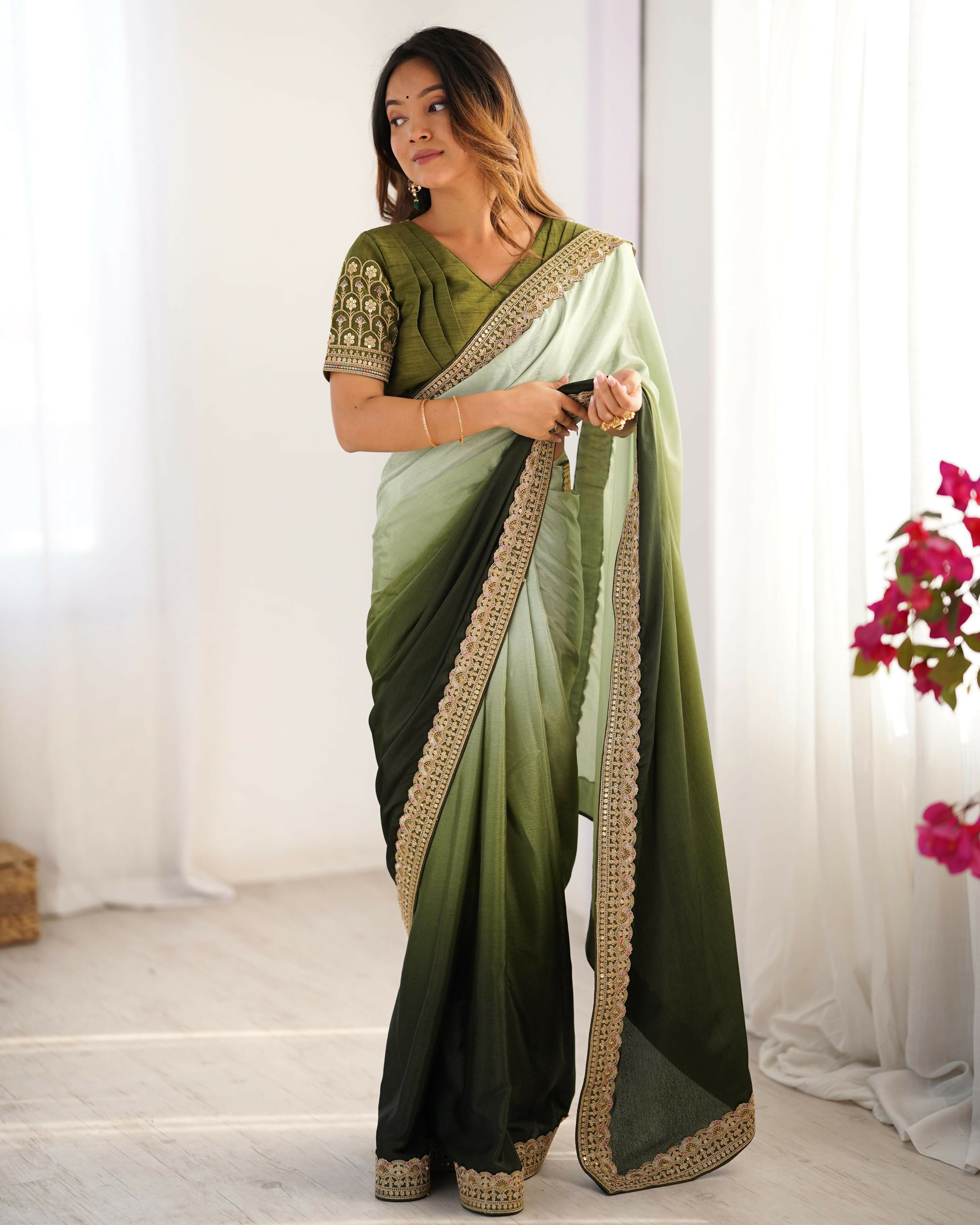 Exclusive Collection Pista Green Party Wear Chinon Salk Saree