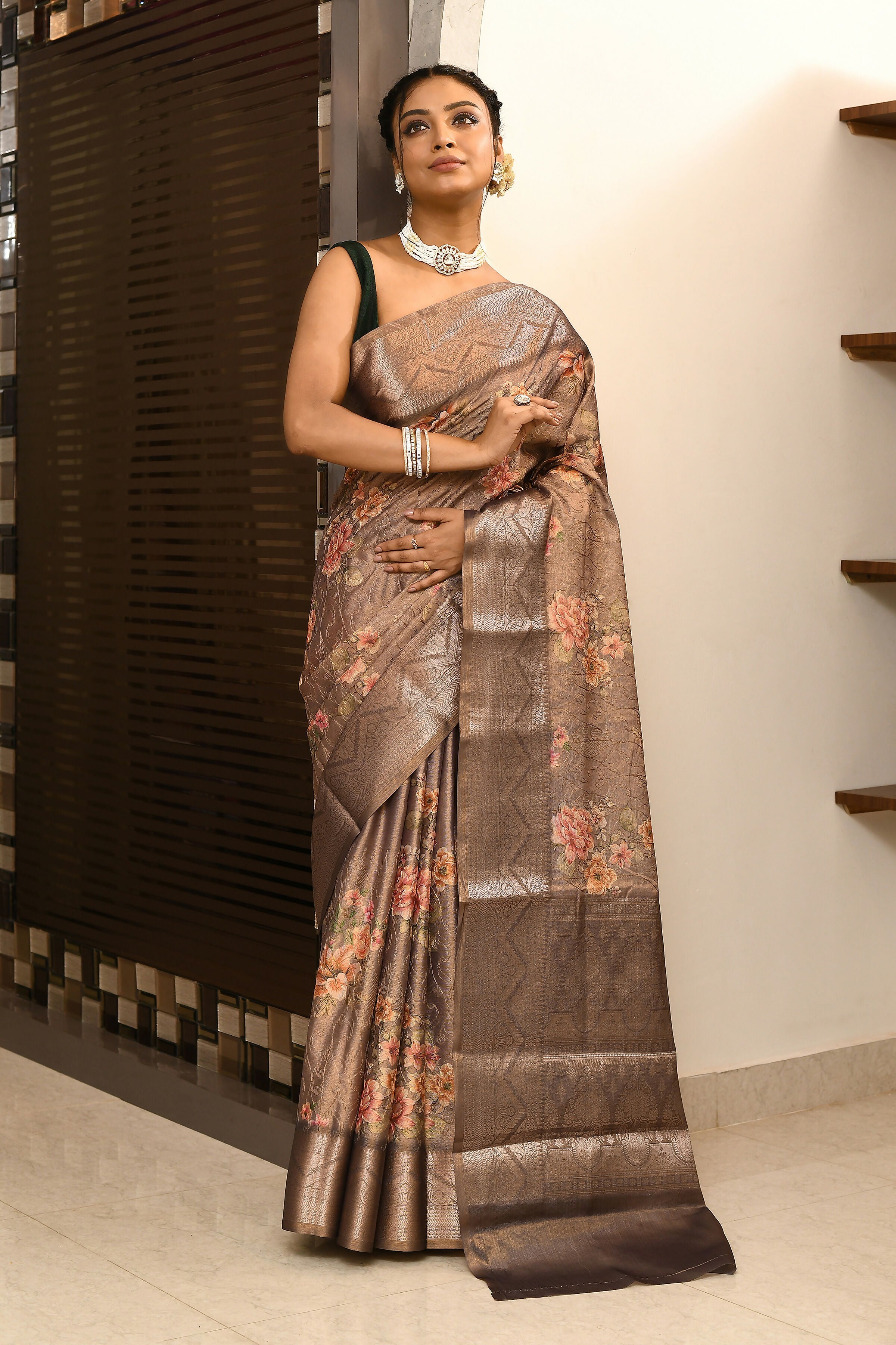Joban Fashion Cofee Brown Saree Tissue Digital With Embroidery