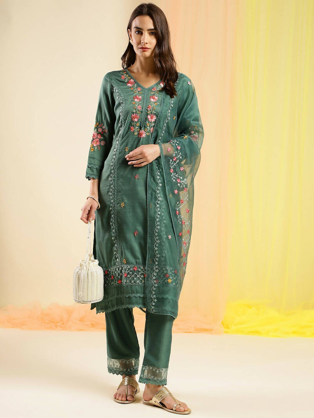 Green Chinon Embroidered Straight Kurta with Trouser & Dupatta - Salimar
