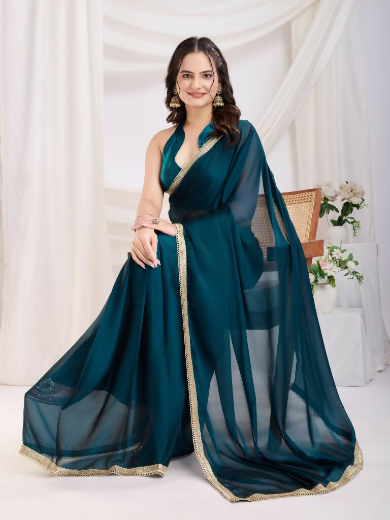 Teal Blue Rangoli Silk Solid, Lace Border Ready To Wear Saree - Kashvi
