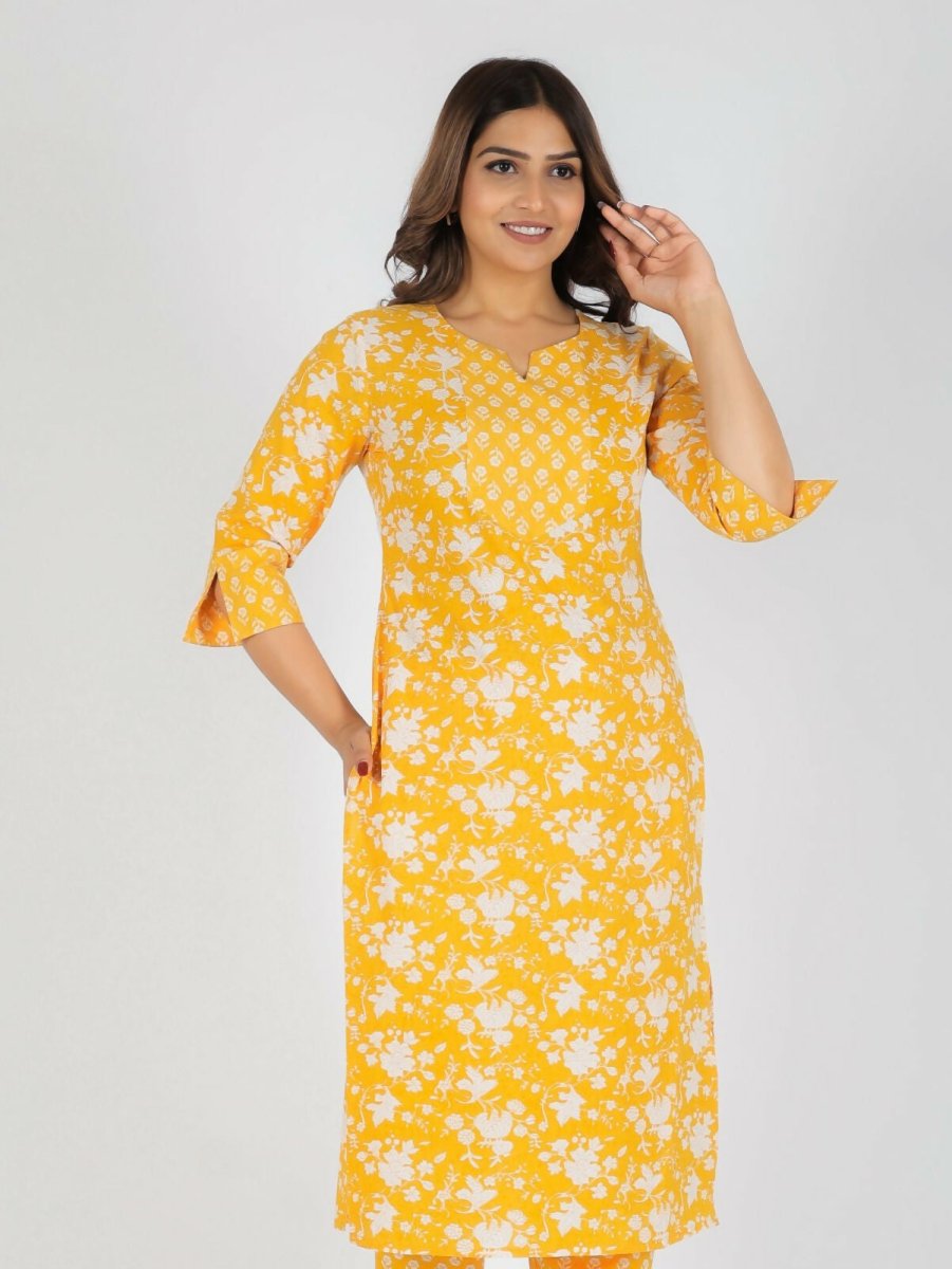 Aramya Yellow Soft Cotton Floral Straight Kurta for Women