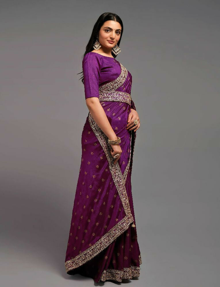 PR Fashion Wine Chinon Embroidery Lace Saree