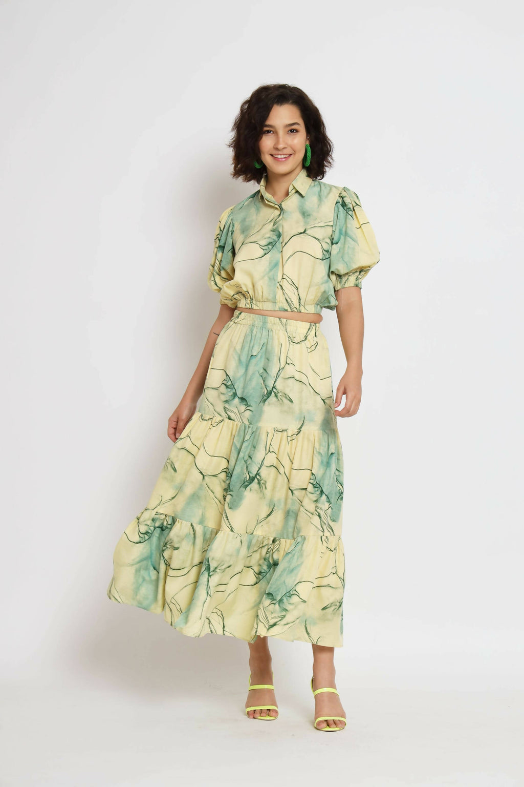 Green Rayon Tie dye Printed Top with Matching Skirt - Shivani