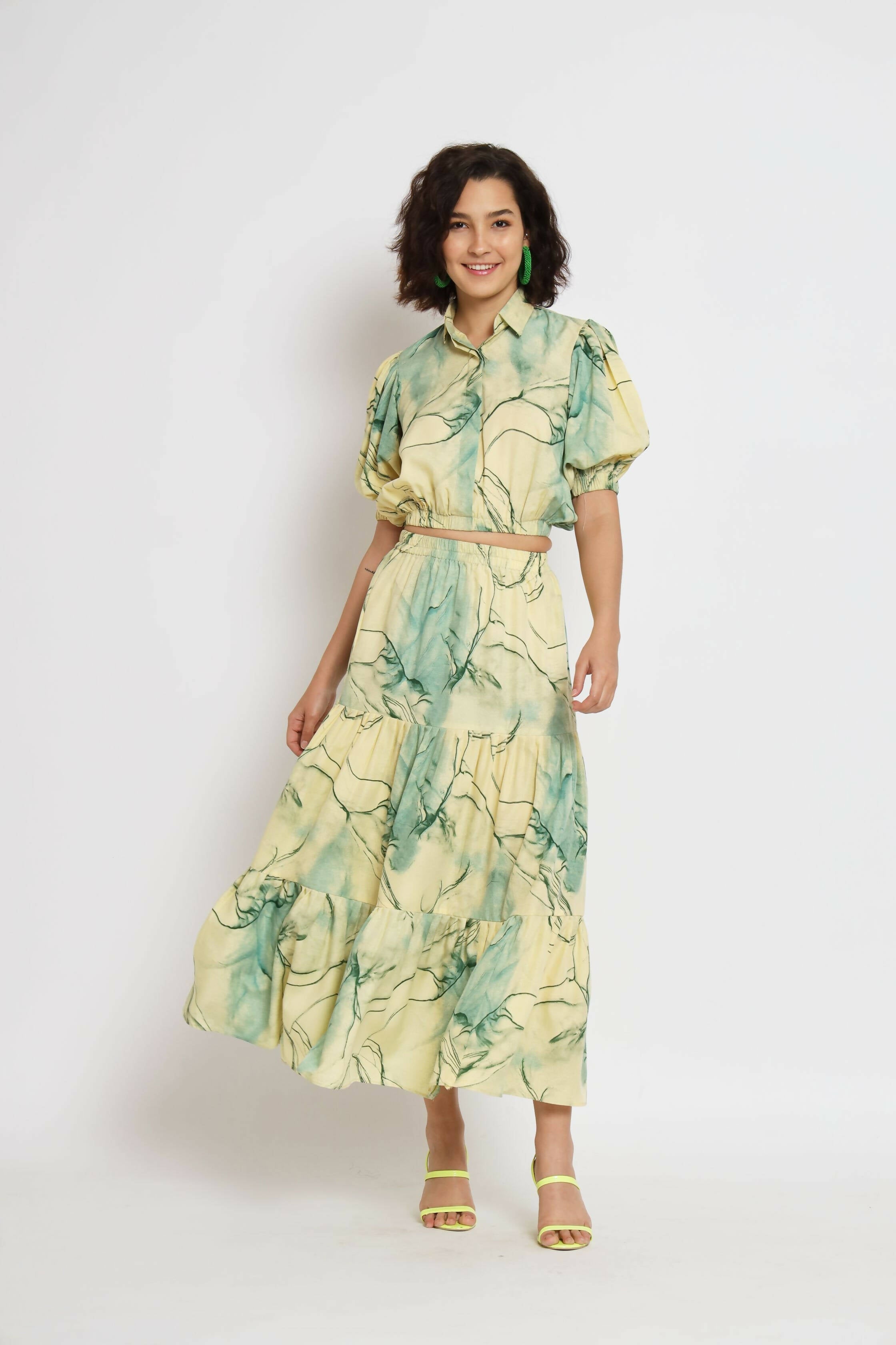 Green Rayon Tie dye Printed Top with Matching Skirt - Shivani