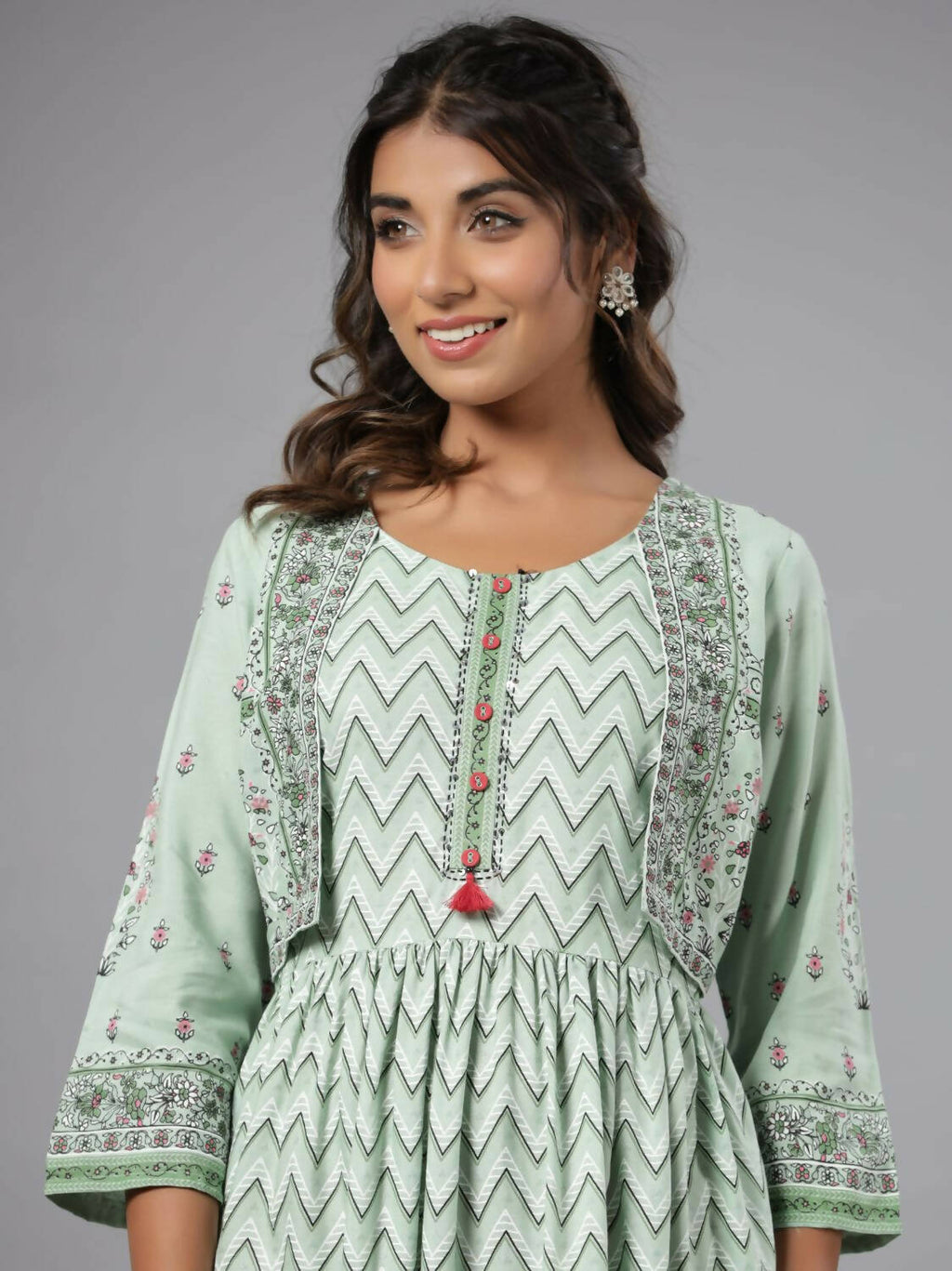 Juniper Women Sage Green Rayon Printed Jacket Style Midi Dress