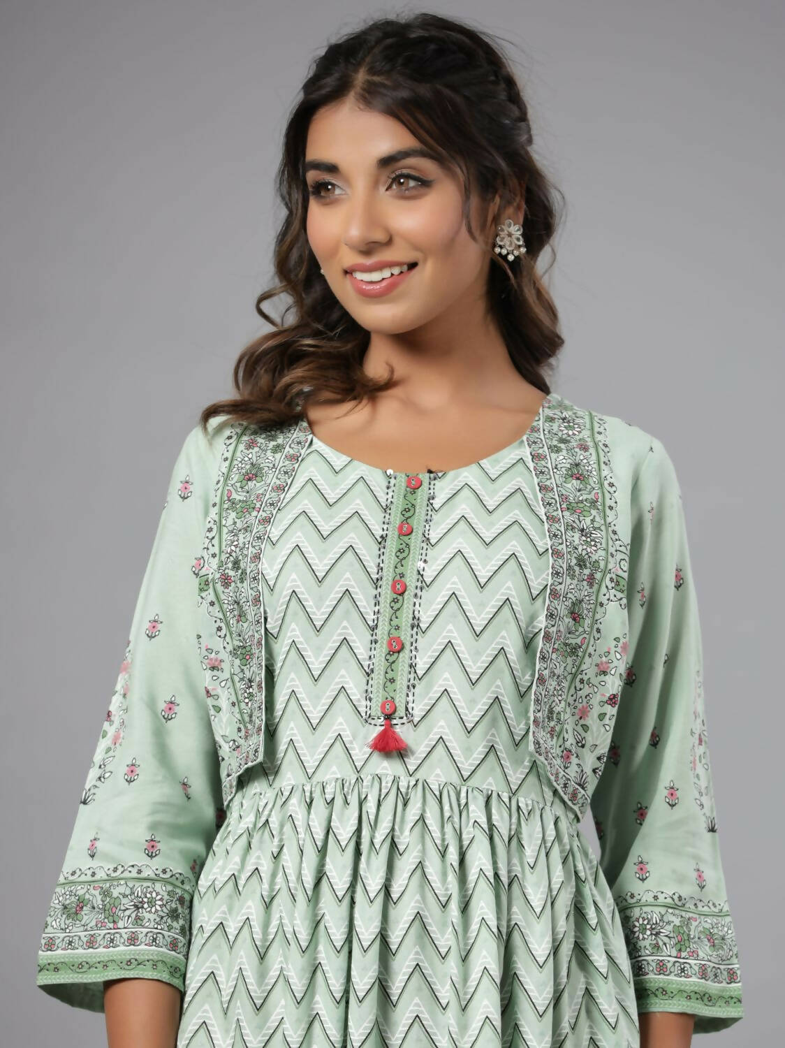 Juniper Women Sage Green Rayon Printed Jacket Style Midi Dress