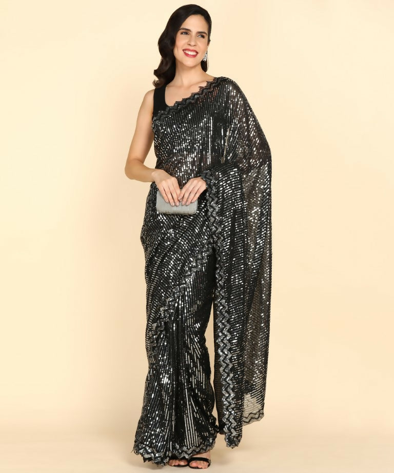 Dishitha Creation Indian Women's Designer Georgette Sequence Saree - Black