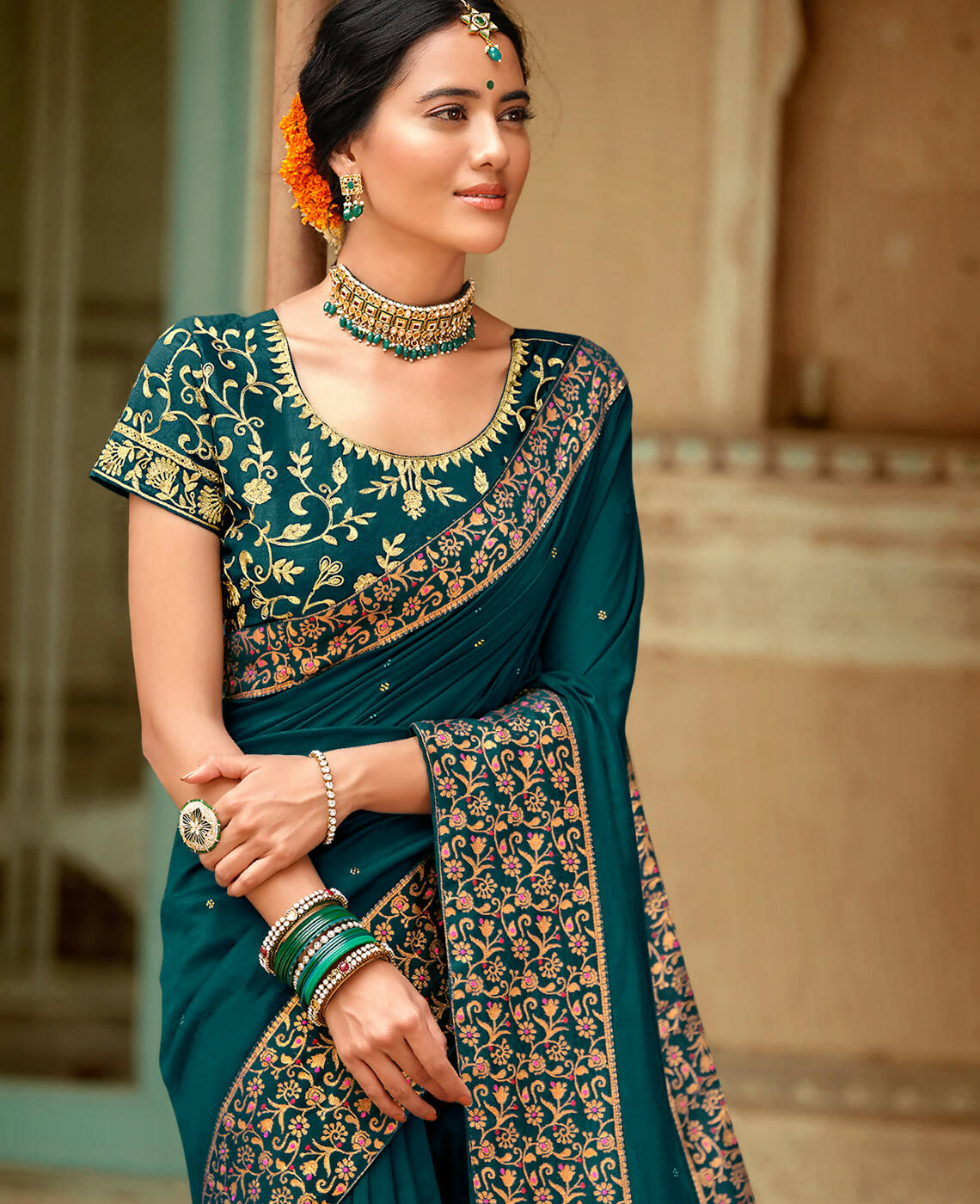 Blue Vichitra Stone Work Saree With Unstitched Blouse Piece - Rosy
