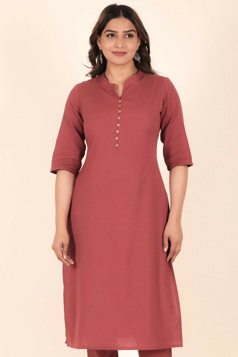 Aramya Pink Linen Cotton Solid Straight Kurta for Women