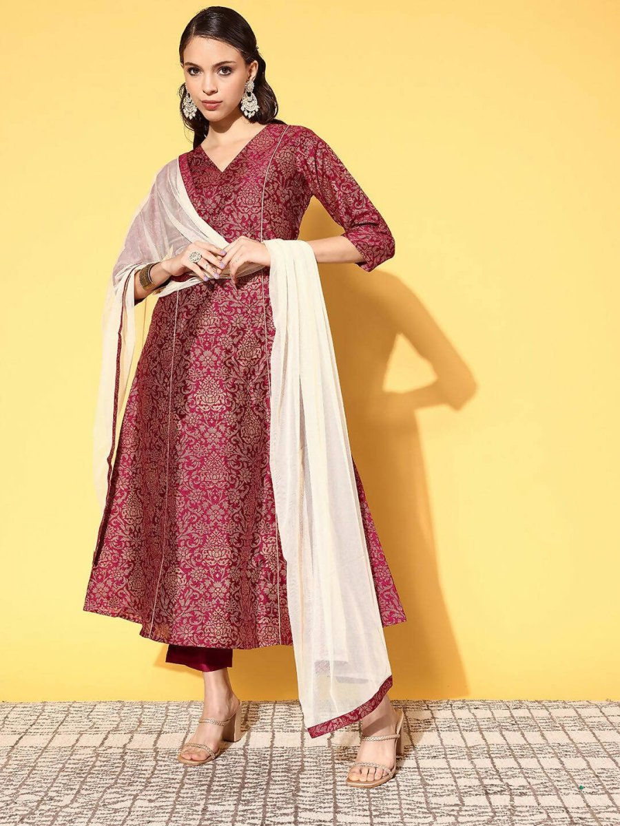 Ahalyaa Women's Wine Colour Poly Silk Gold Paste Printed Kurta Pant Set