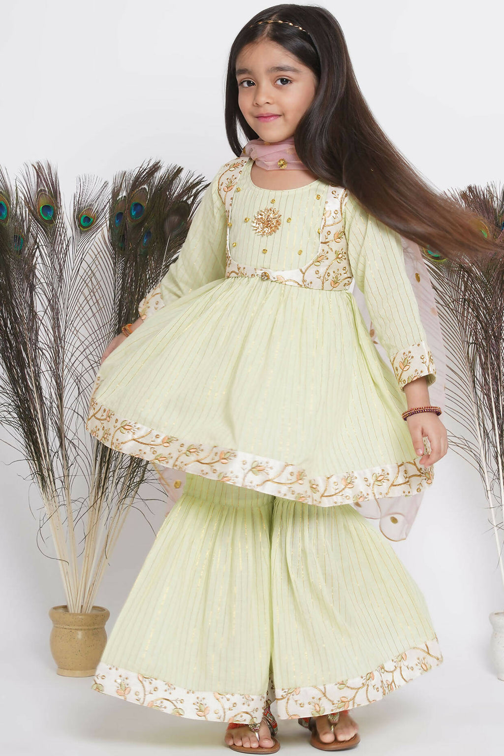 Little Bansi Floral Embroidery Jacket With Cotton Lurex Frock Sharara And Dupatta With Ghungroo Handwork - Bottle Green