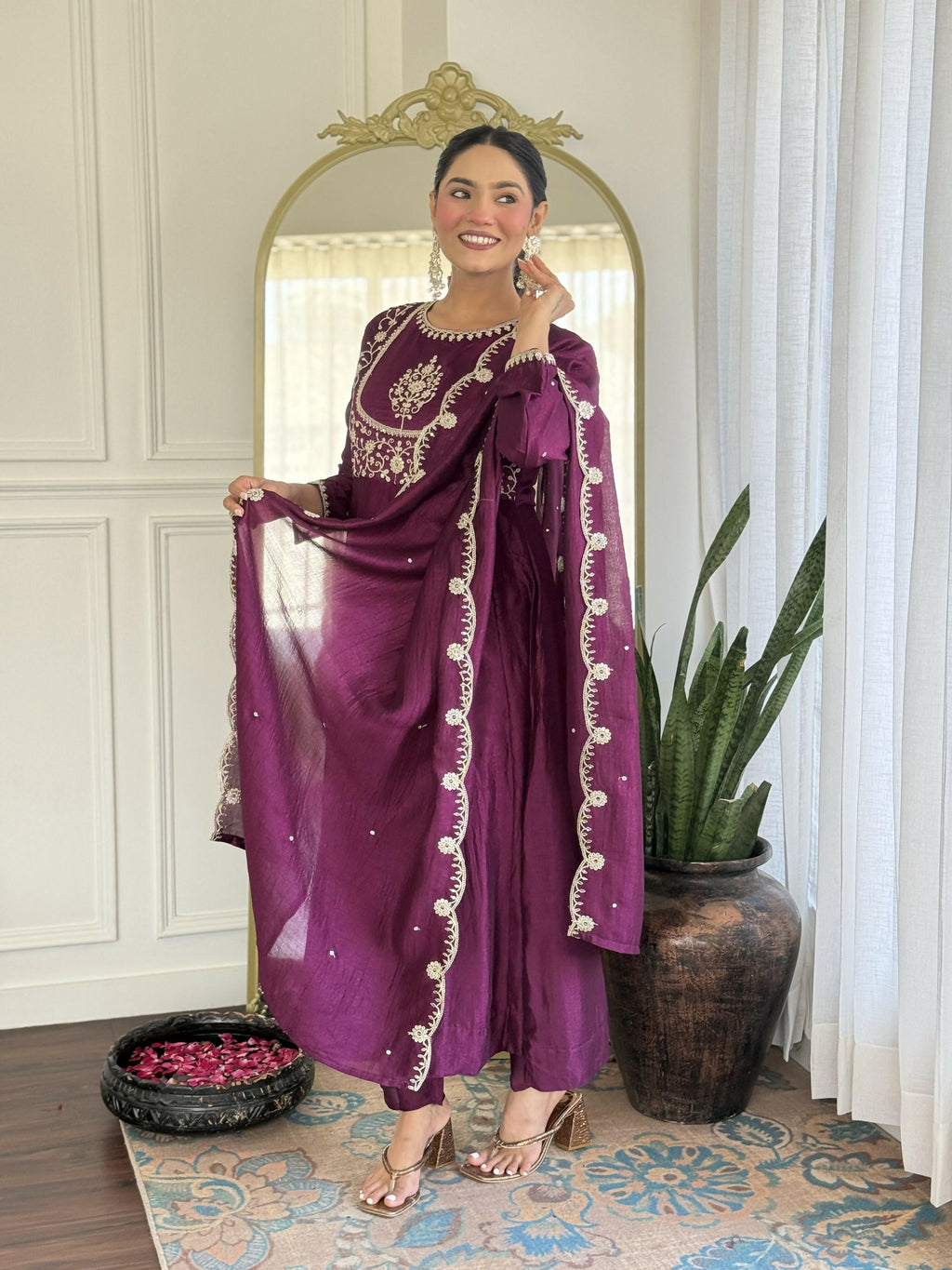The52 Purple Women's Gorgeous Embroidered Vichitra Silk Fabric Flared Kurta Pant with Dupatta Set