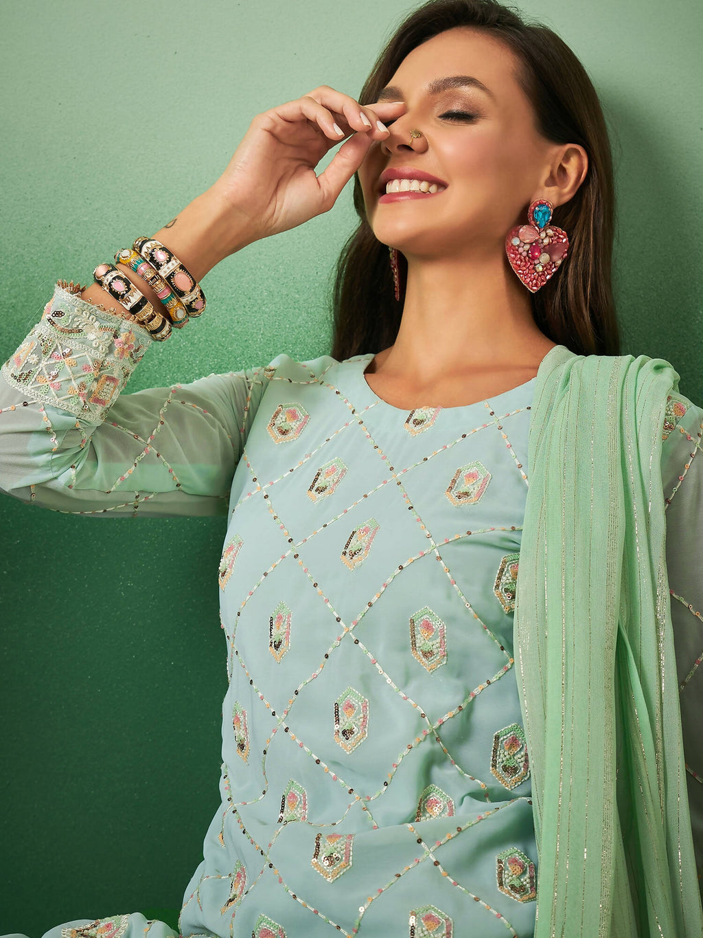 Sea Green Georgette Handwork Unstitched Dress Material - Hanika