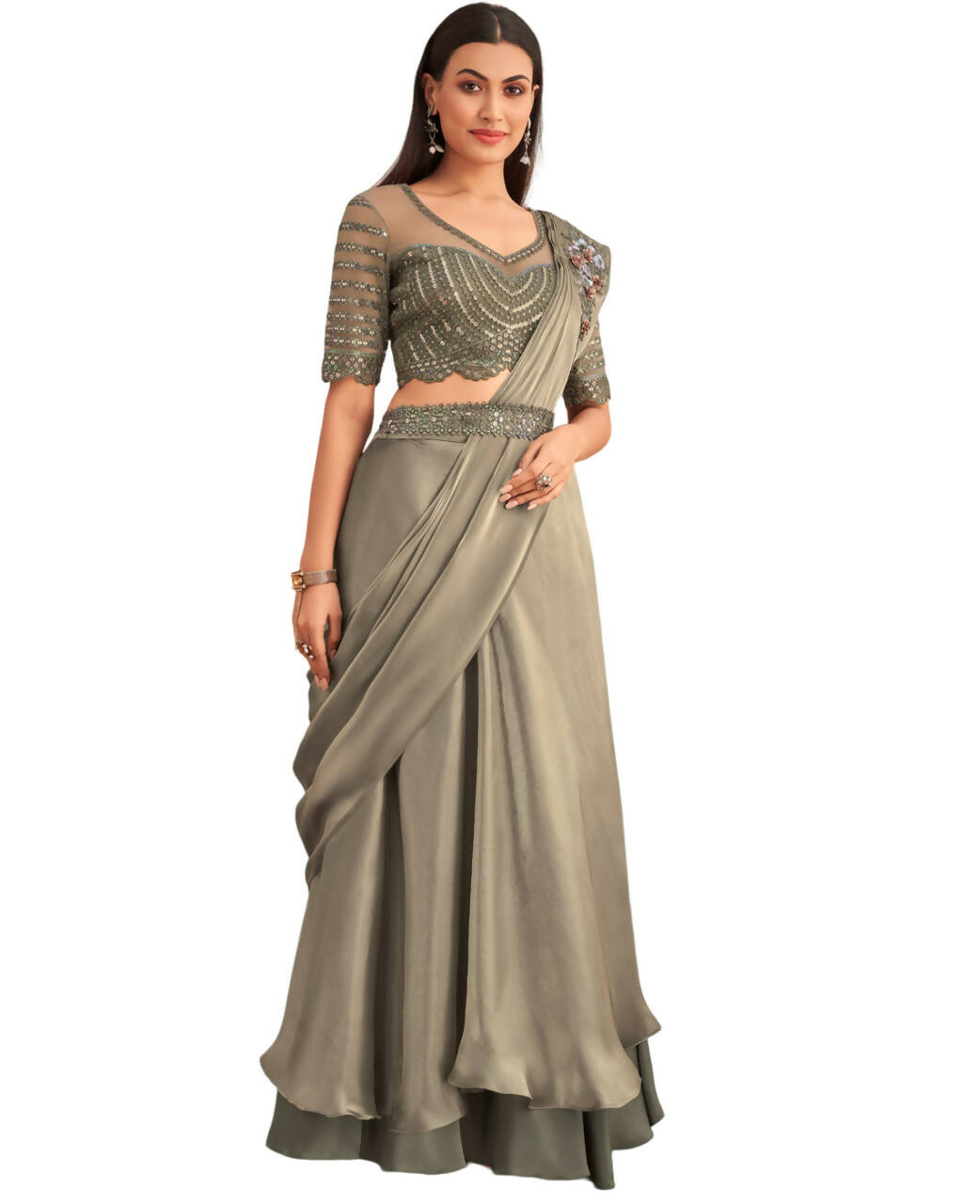 Green Satin Embroidered Ready To Wear Saree With Unstitched Blouse Piece - Nandika