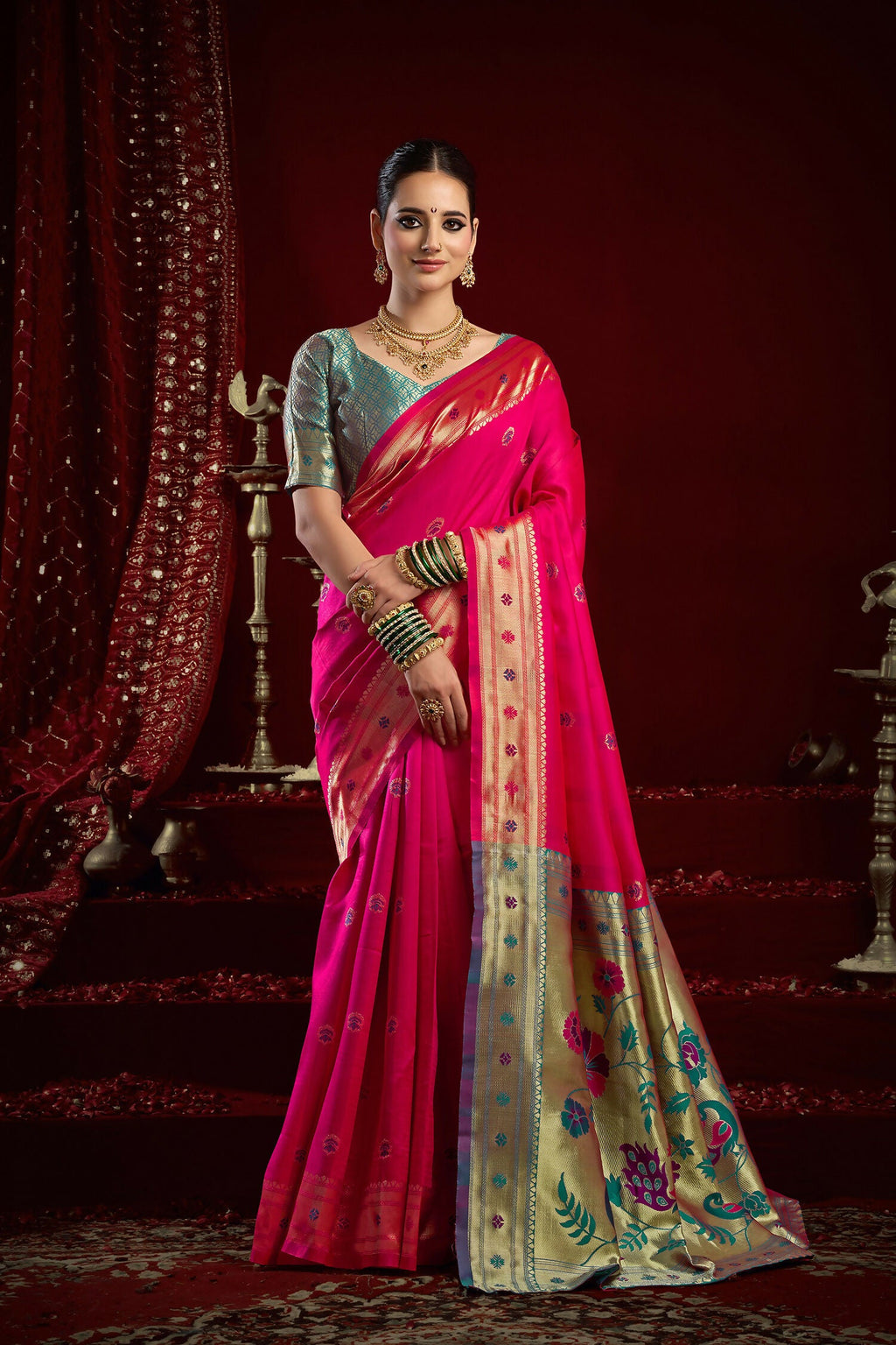 Joban Fashion Pink Paithani Silk Blend Butti Saree