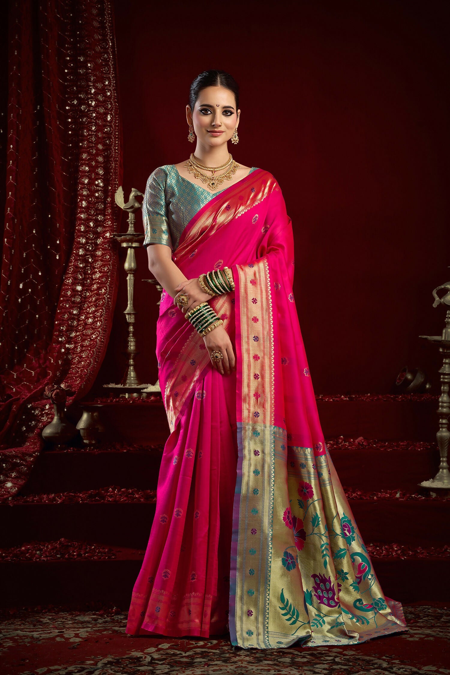 Joban Fashion Pink Paithani Silk Blend Butti Saree