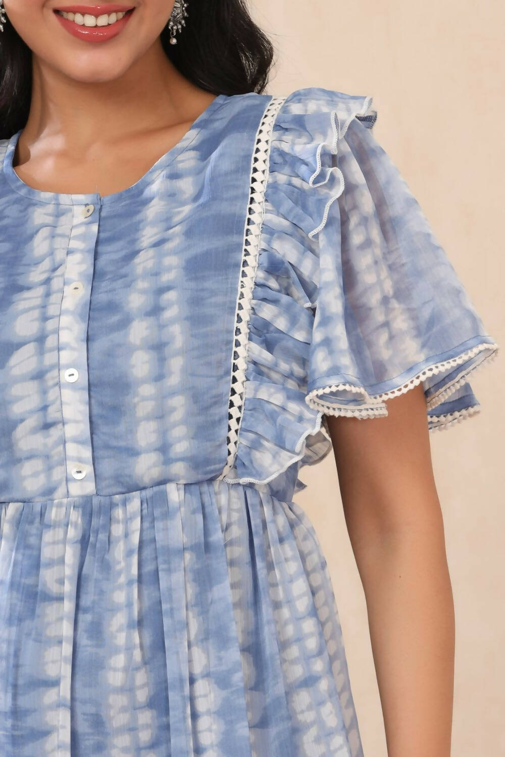 Juniper Womens Powderblue Chiffon Printed Tiered Dress