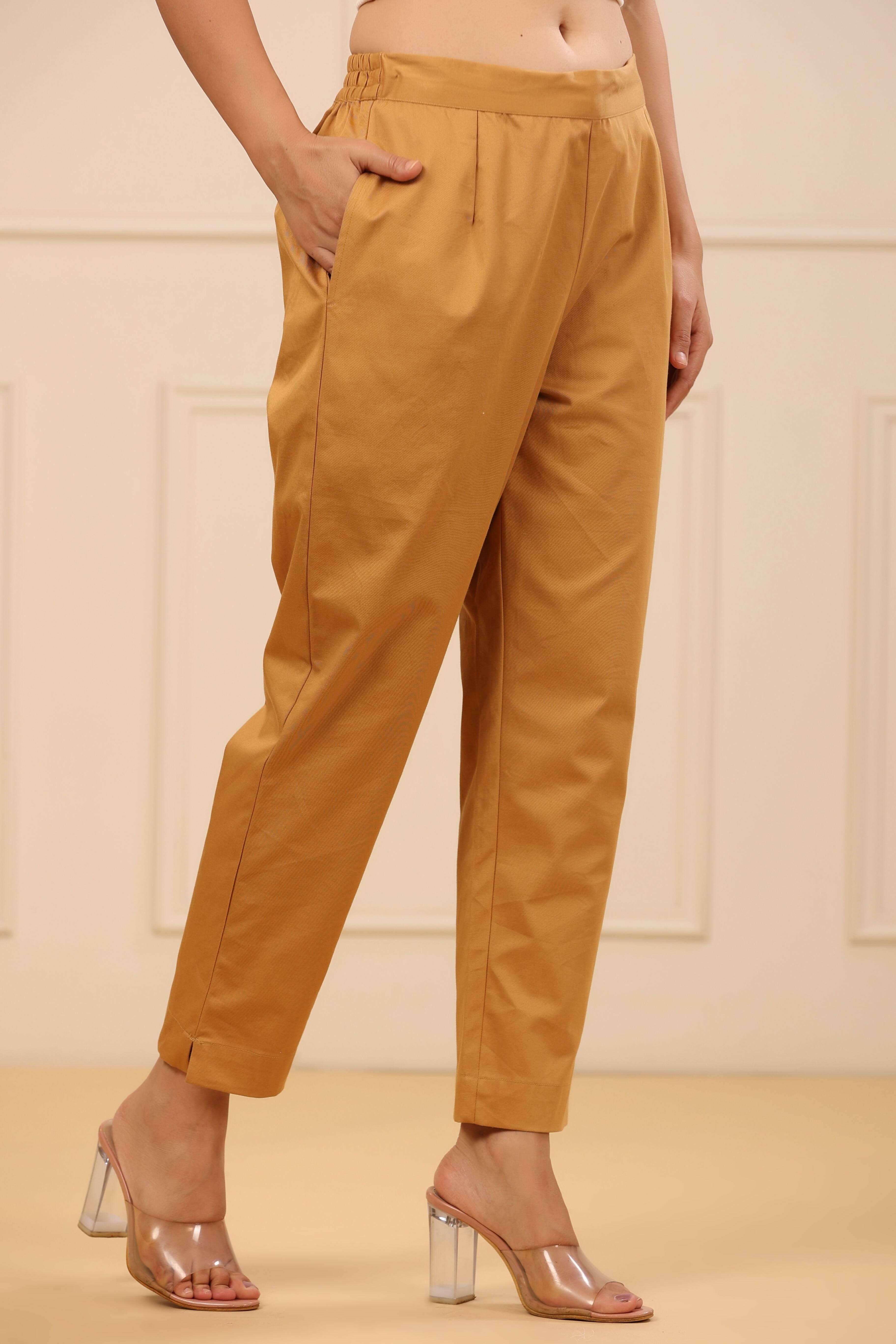 Juniper Women's Gold Cotton Twill Lycra Solid Straight Pant