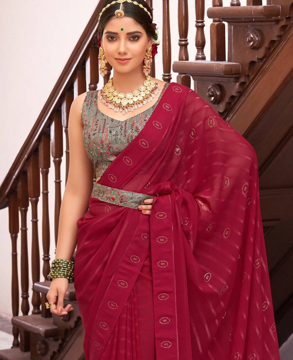 Maroon Georgette Swaroski Work Saree With Unstitched Blouse Piece - Juhi
